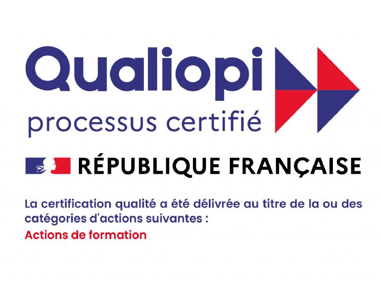 Logo Qualiopi - Processus certifié par la république française, la certification qualité au titre de la ou des catégories d'actions suivantes : Actions de formation